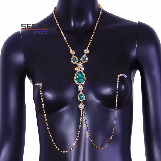 Moda Sexy Verde Diamante Mamilos Acessório Corrente Corporal de Strass
